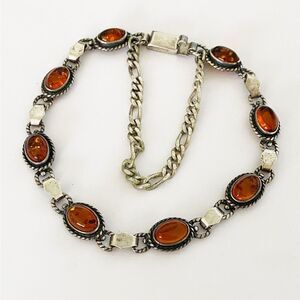 Vintage sterling silver amber bracelet with silver safety chain 7.5”